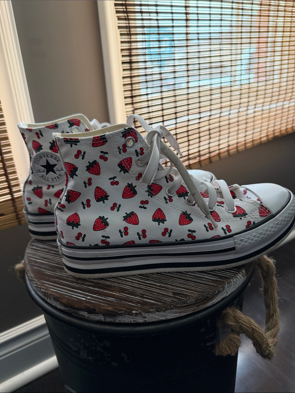 Converse White High Top Sneakers with Red Strawberry & Cherry Print